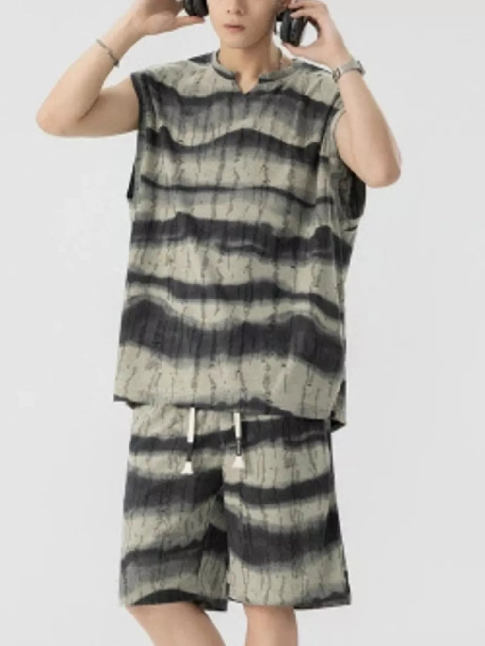 Men's casual tank top and shorts set with a tie-dye stripe pattern in sage and black.
