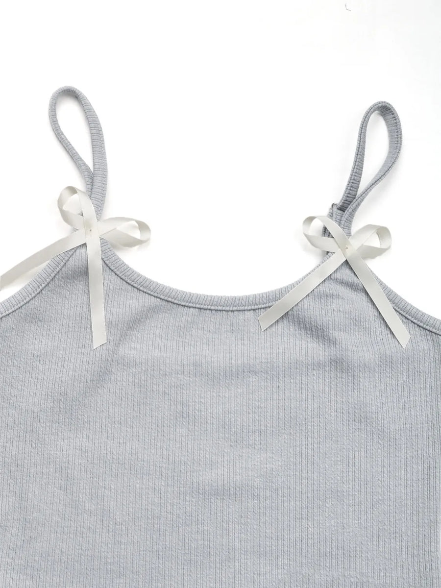 Gray ribbed cami with asymmetric bow straps