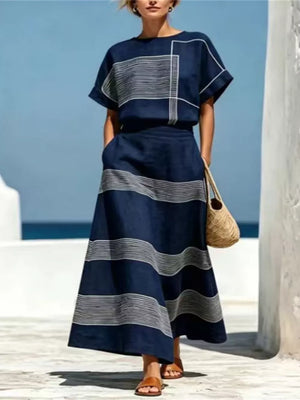 Pink Full Size Striped Round Neck Top And Skirt Set