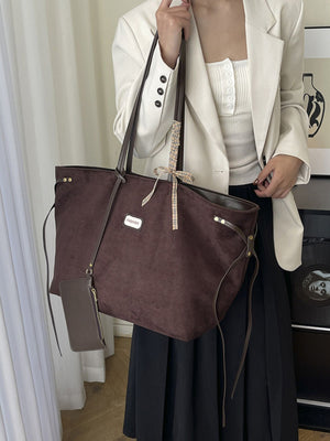 Vintage Suede Tote Bag in Chocolate with long shoulder straps