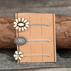 Southwestern hair pins set with white stones and silver alloy, 3-piece boho style.