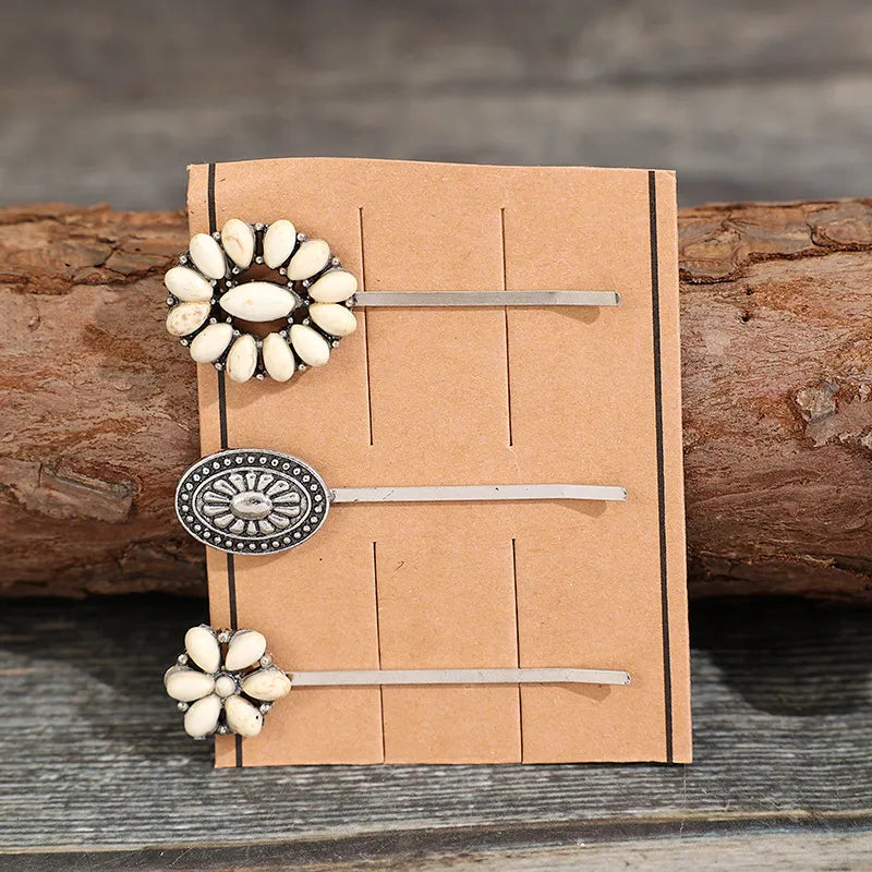 Southwestern hair pins set with white stones and silver alloy, 3-piece boho style.