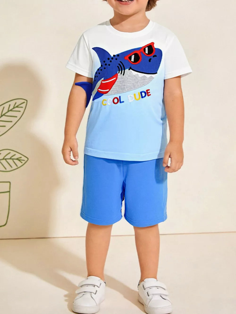 Toddler boys' blue shorts and white tee with shark graphic and COOL DUDE text
