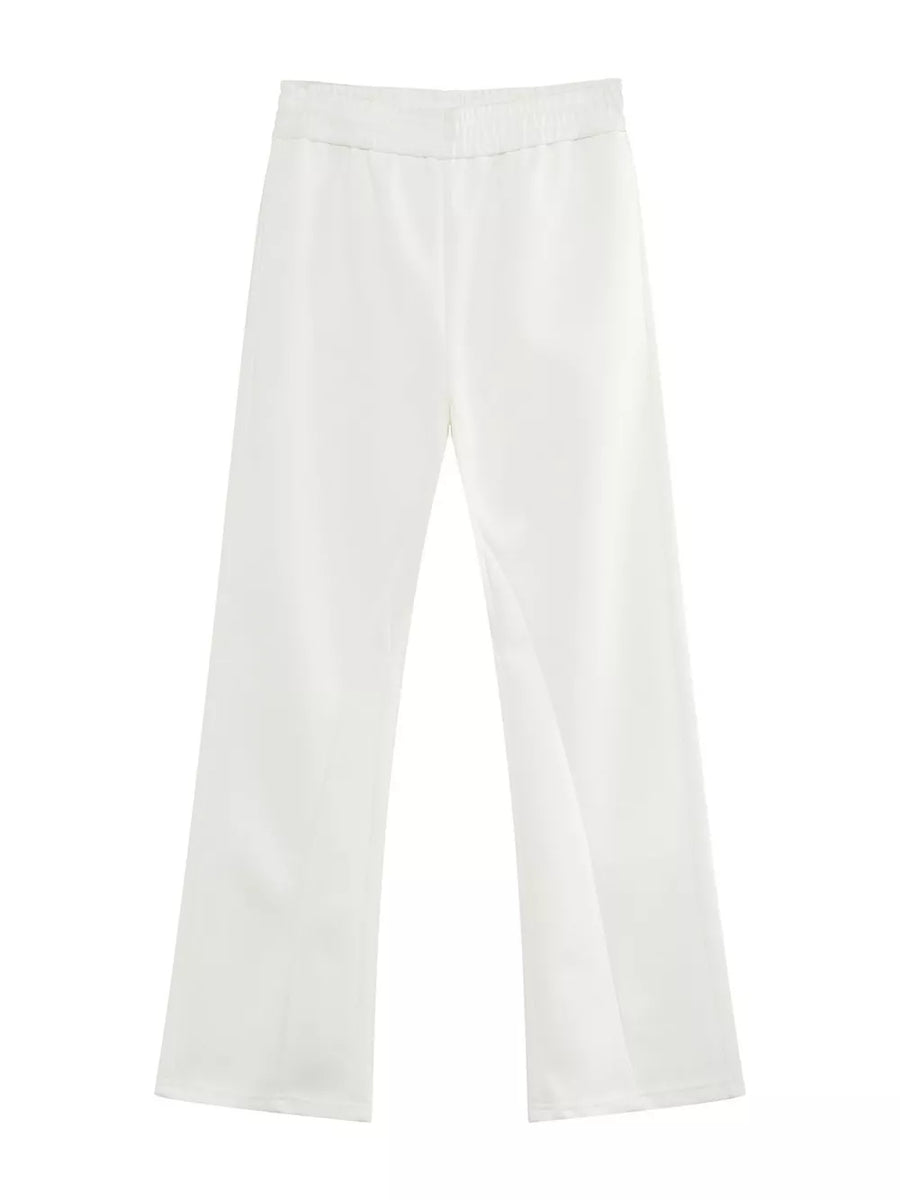 White relaxed fit sweatpants with adjustable waist and wide leg
