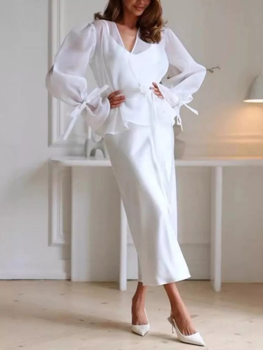 Flounce Sleeve Blouse And Satin Midi Skirt Set in champagne with belted
