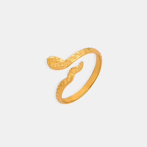 Gold serpent wrap ring with textured scales, a bold statement piece.