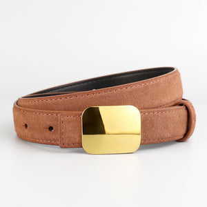 Caramel suede leather belt with gold accent buckle