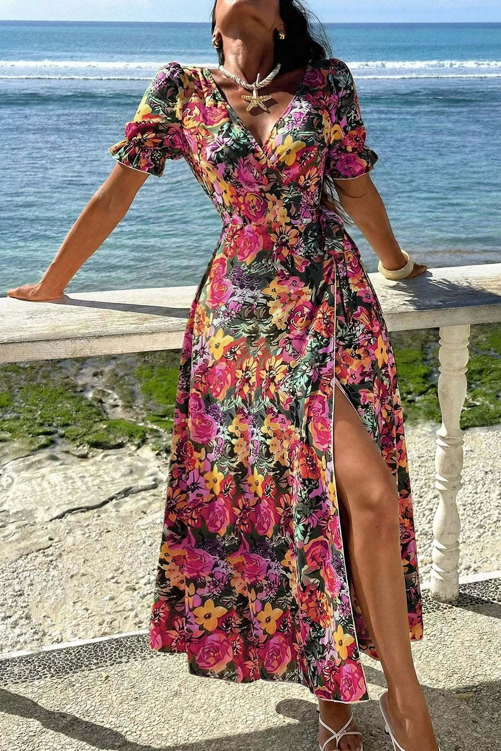Floral Slit Floral Short Sleeve Maxi Dress
