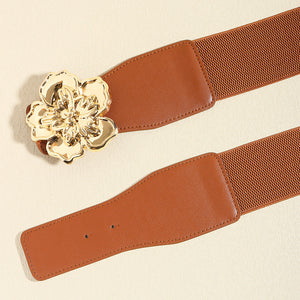 Caramel stretch cincher belt with gold floral buckle detail