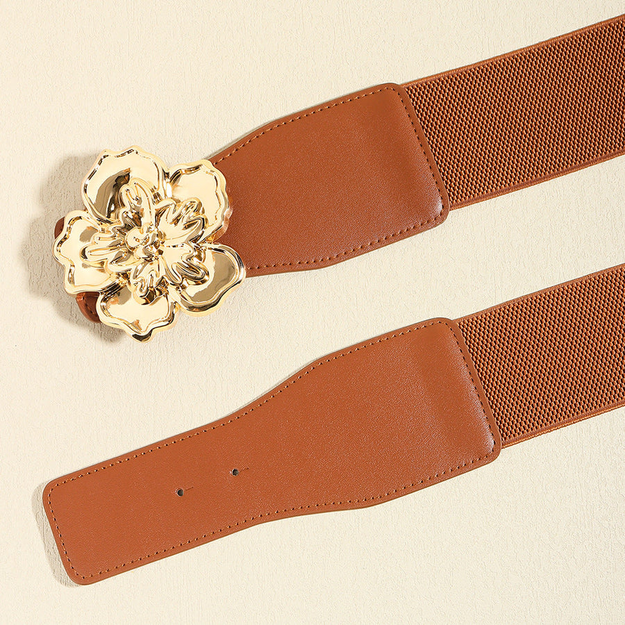 Caramel stretch cincher belt with gold floral buckle detail