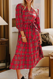 Christmas Plaid V Neck Tie Waist Midi Dress option 5