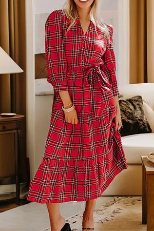 Christmas Plaid V Neck Tie Waist Midi Dress option 5