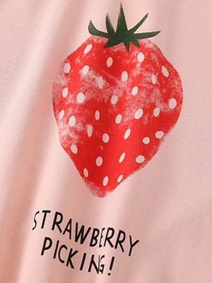Kids' watermelon pink cotton sweatshirt with strawberry graphic and text.