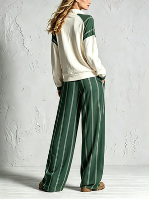cream lounge set featuring pocketed and striped