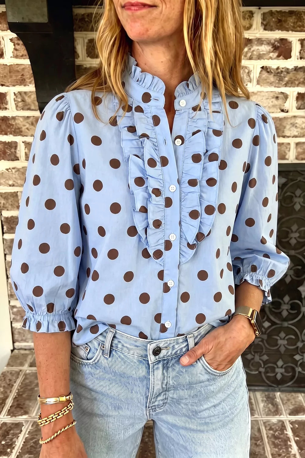 light blue blouse with polka dot and collared