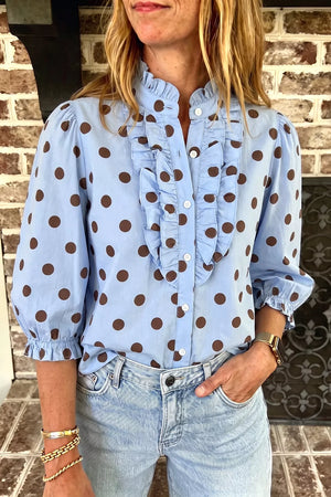 light blue blouse with polka dot and collared