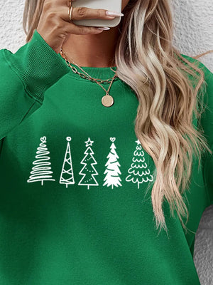 Green crewneck sweatshirt with white tree line graphic, crew neck, long sleeves