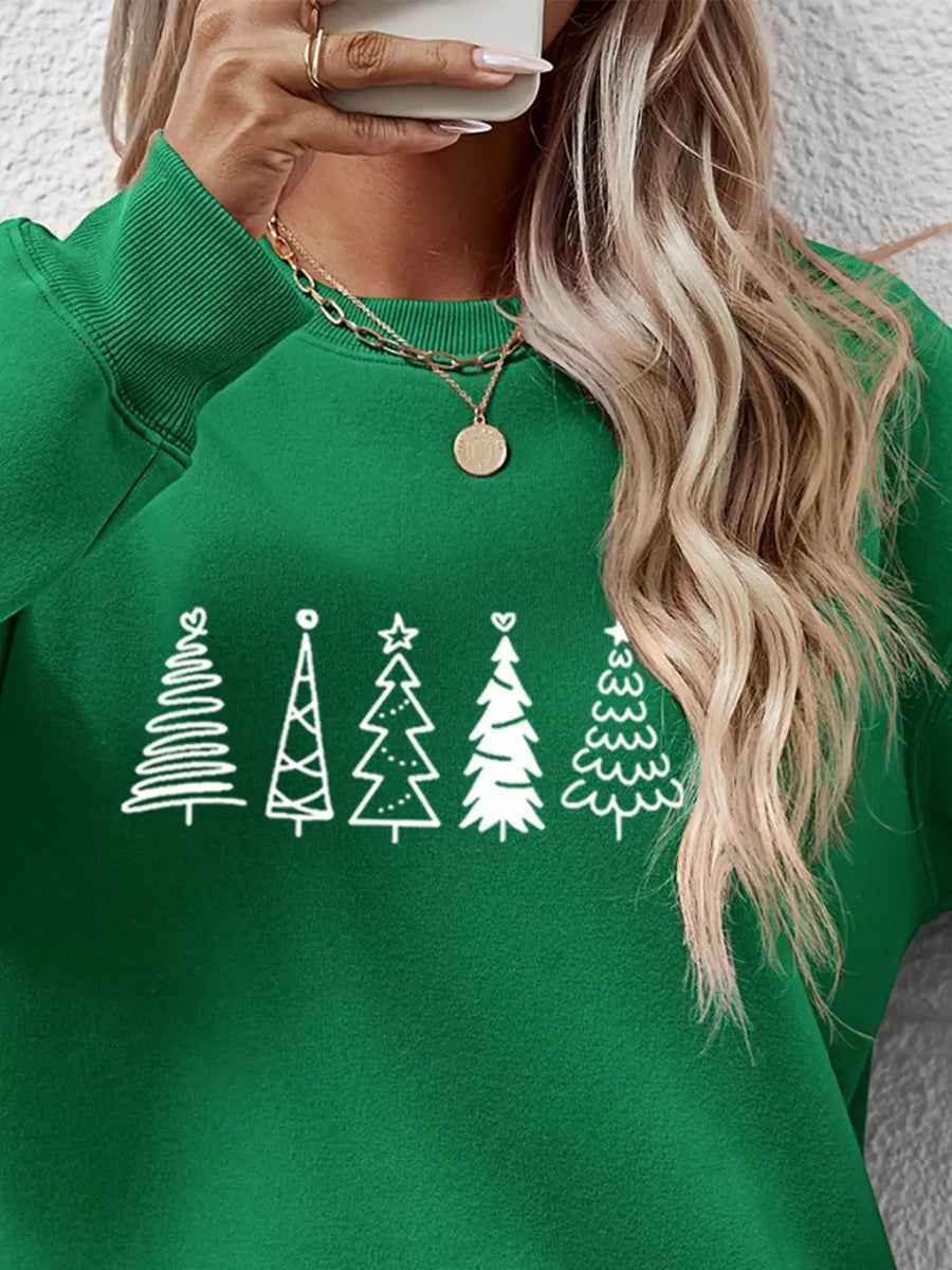 Green crewneck sweatshirt with white tree line graphic, crew neck, long sleeves