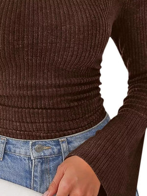 Ribbed Knit Cowl Neck Flared Sleeve Top in Purple Red