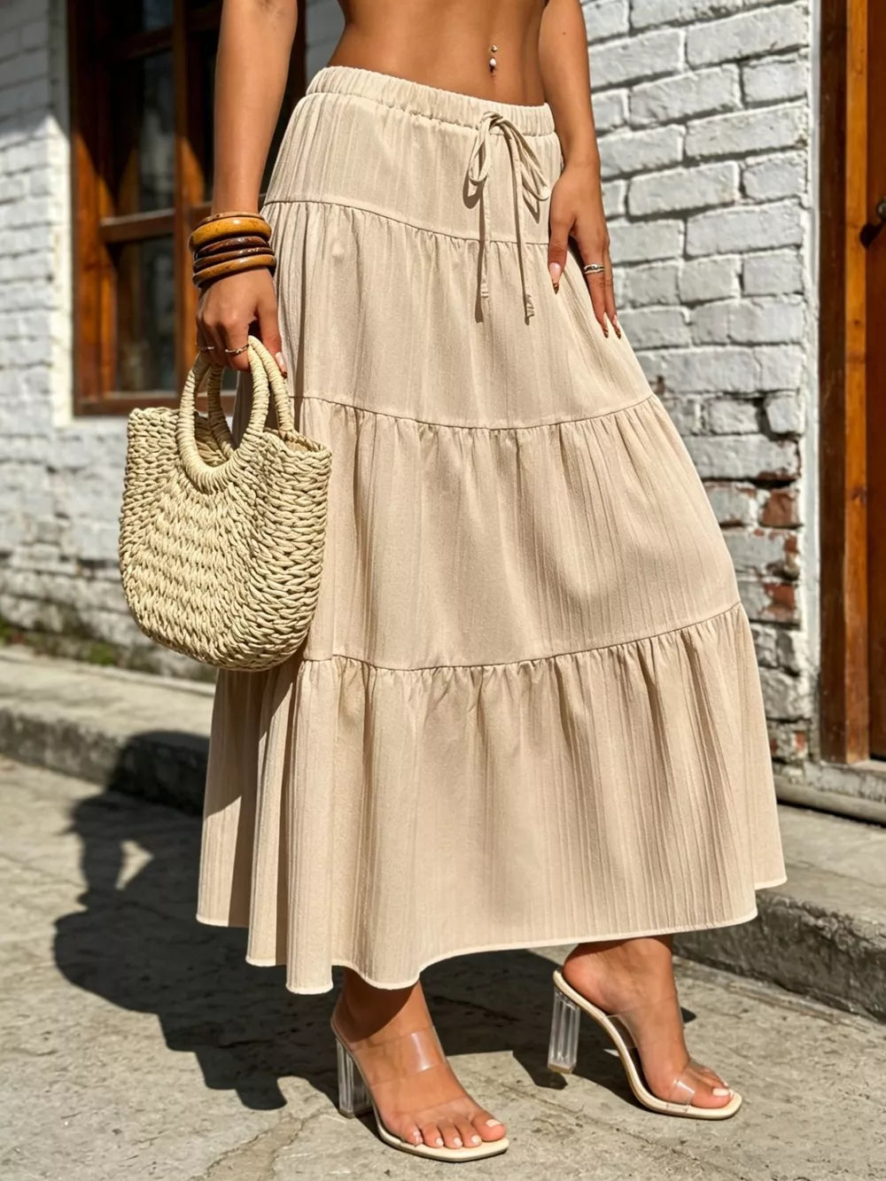 Khaki Maxi Ruched Skirt