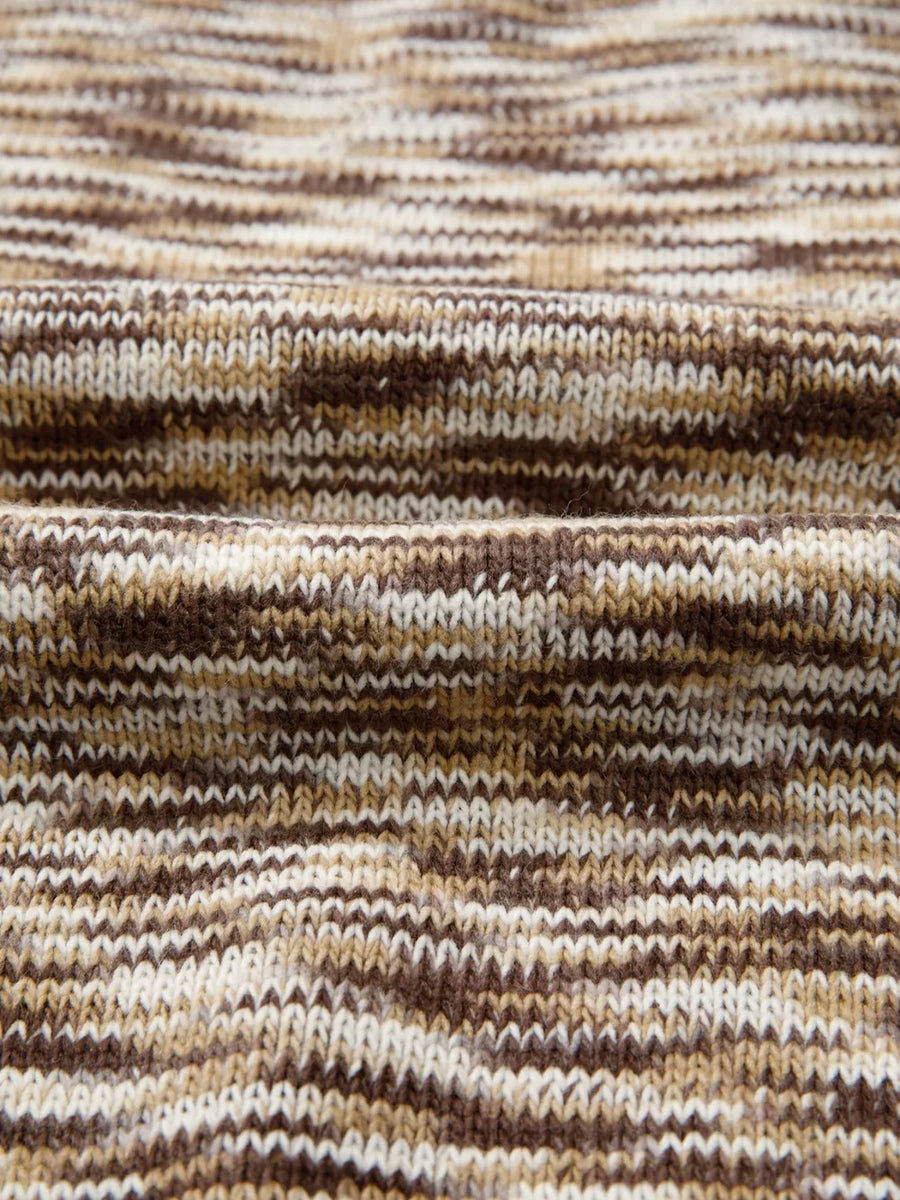 Horseshoe Knit Sweater Vest in brown and cream marled acrylic with ribbed texture.