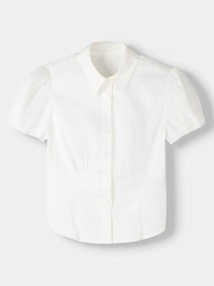 White puff sleeve fitted button-up shirt with collar and button front.