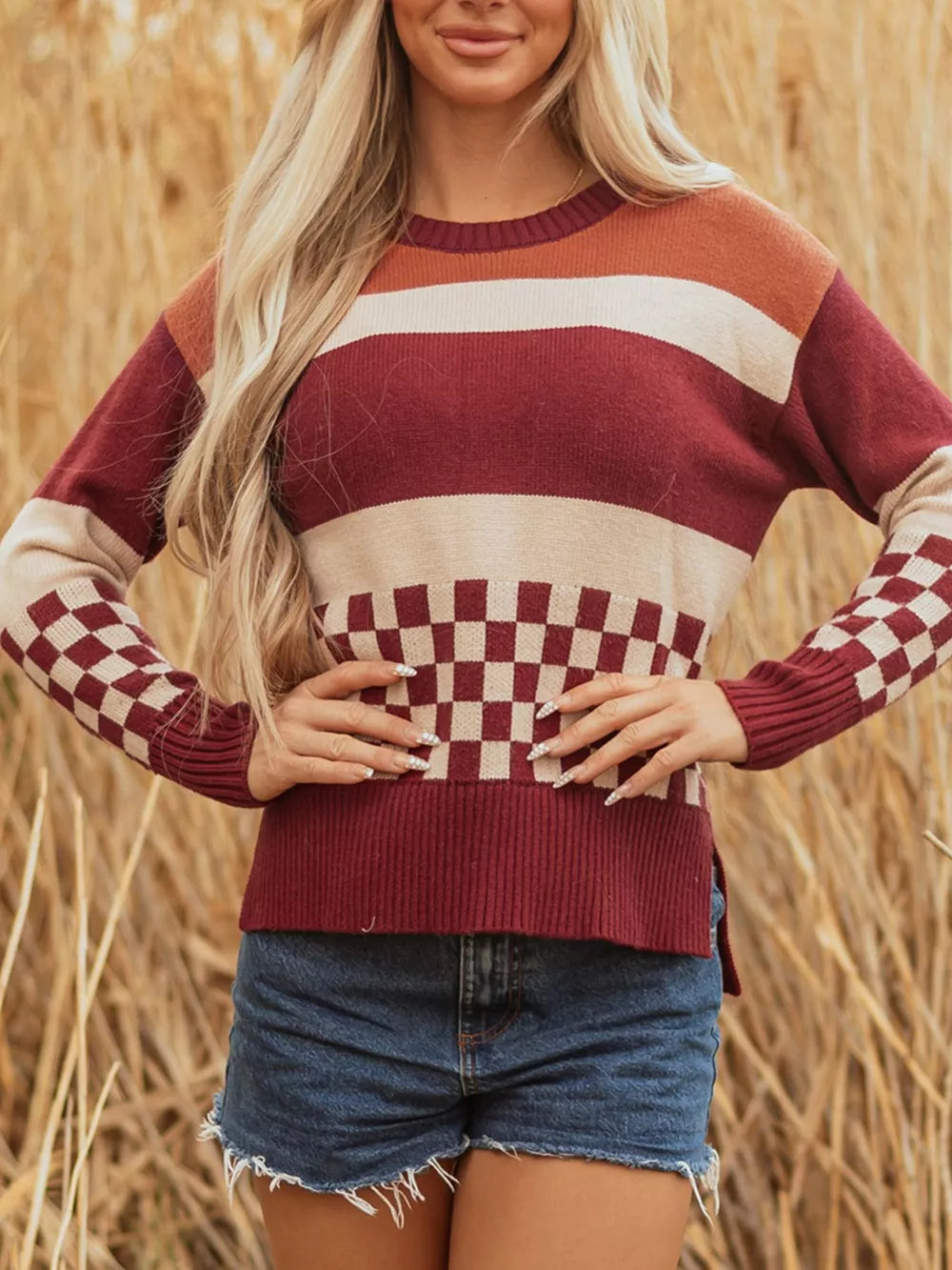 pullover sweater in cream with striped, checked and ribbed