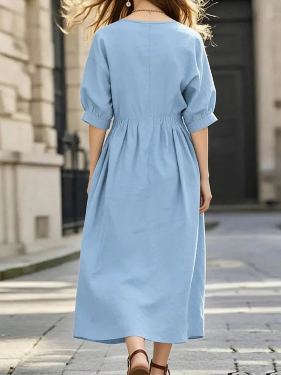 100% polyester Care instructions: Machine wash cold midi dress in Army Green with A-line silhouette