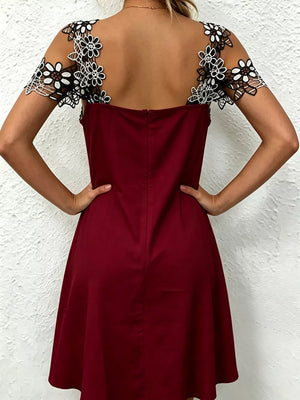 Lace Floral Trim Cold Shoulder Mini Dress in Black, view 11