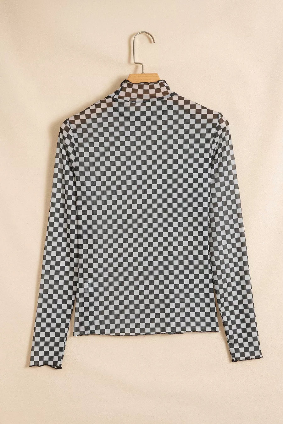 Plaid Stand Neck Long Sleeve Mesh Top option 7