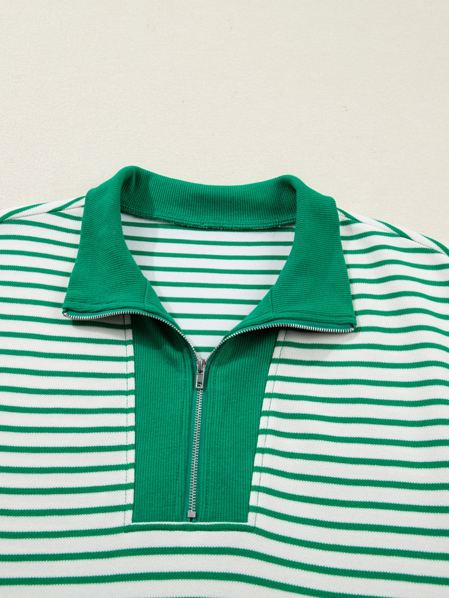 Green and white striped polo collar dress with quarter zip and pockets