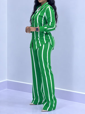 Striped Button-Down Shirt And Wide-Leg Pants Set in Red