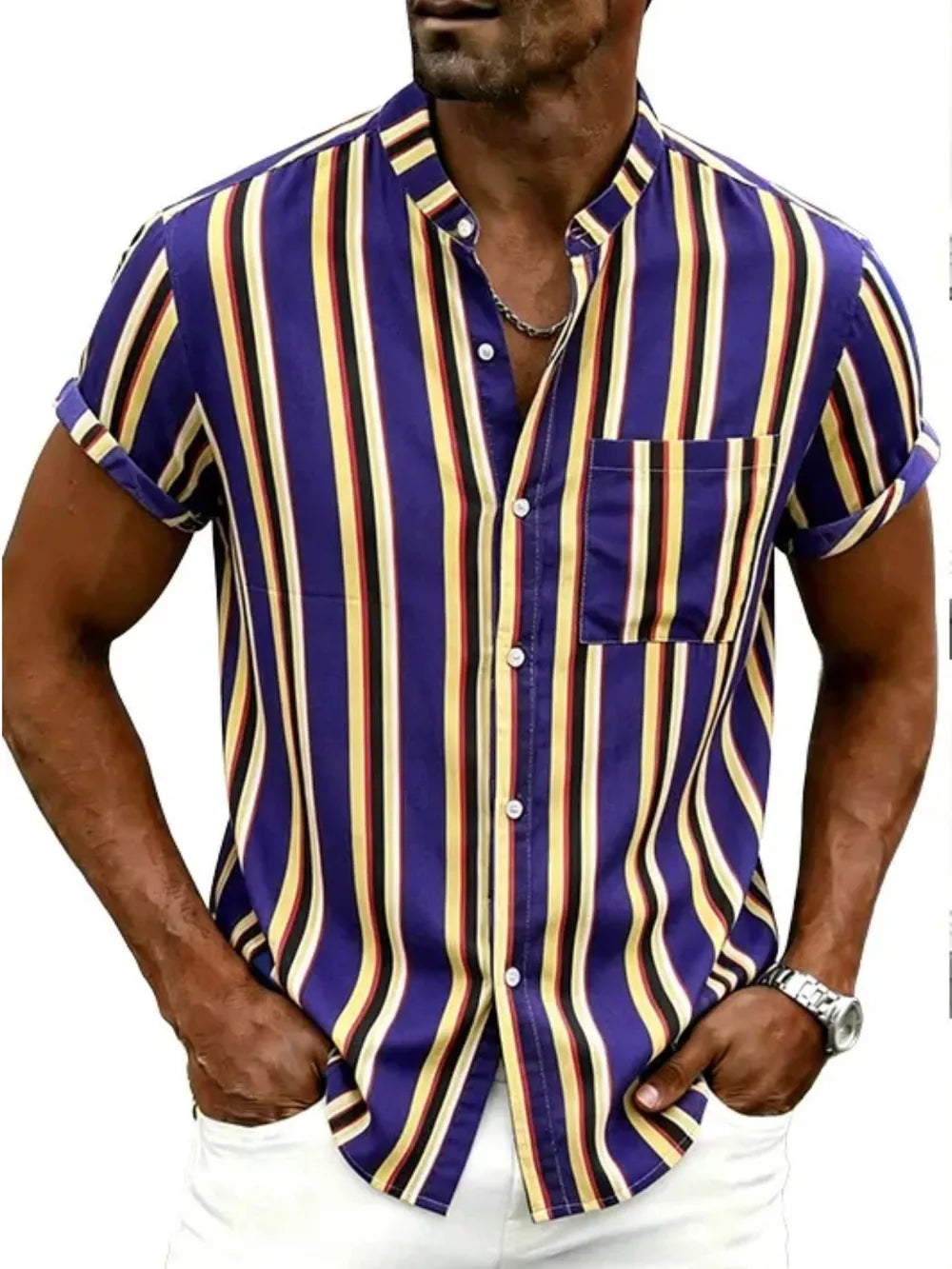 Navy Men's Plus Size Striped Button Up Short Sleeve Shirt