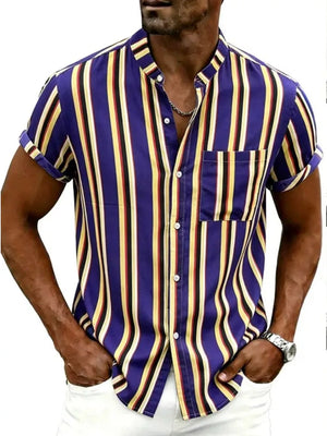 Navy Men's Plus Size Striped Button Up Short Sleeve Shirt