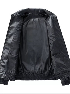 Black plus size zip-up leather coat with elastic cuffs and hem, showing interior pocket.