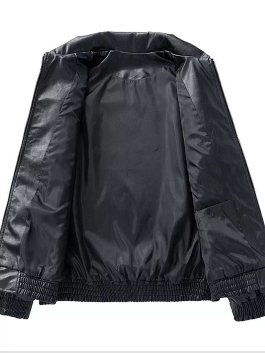 Black plus size zip-up leather coat with elastic cuffs and hem, showing interior pocket.