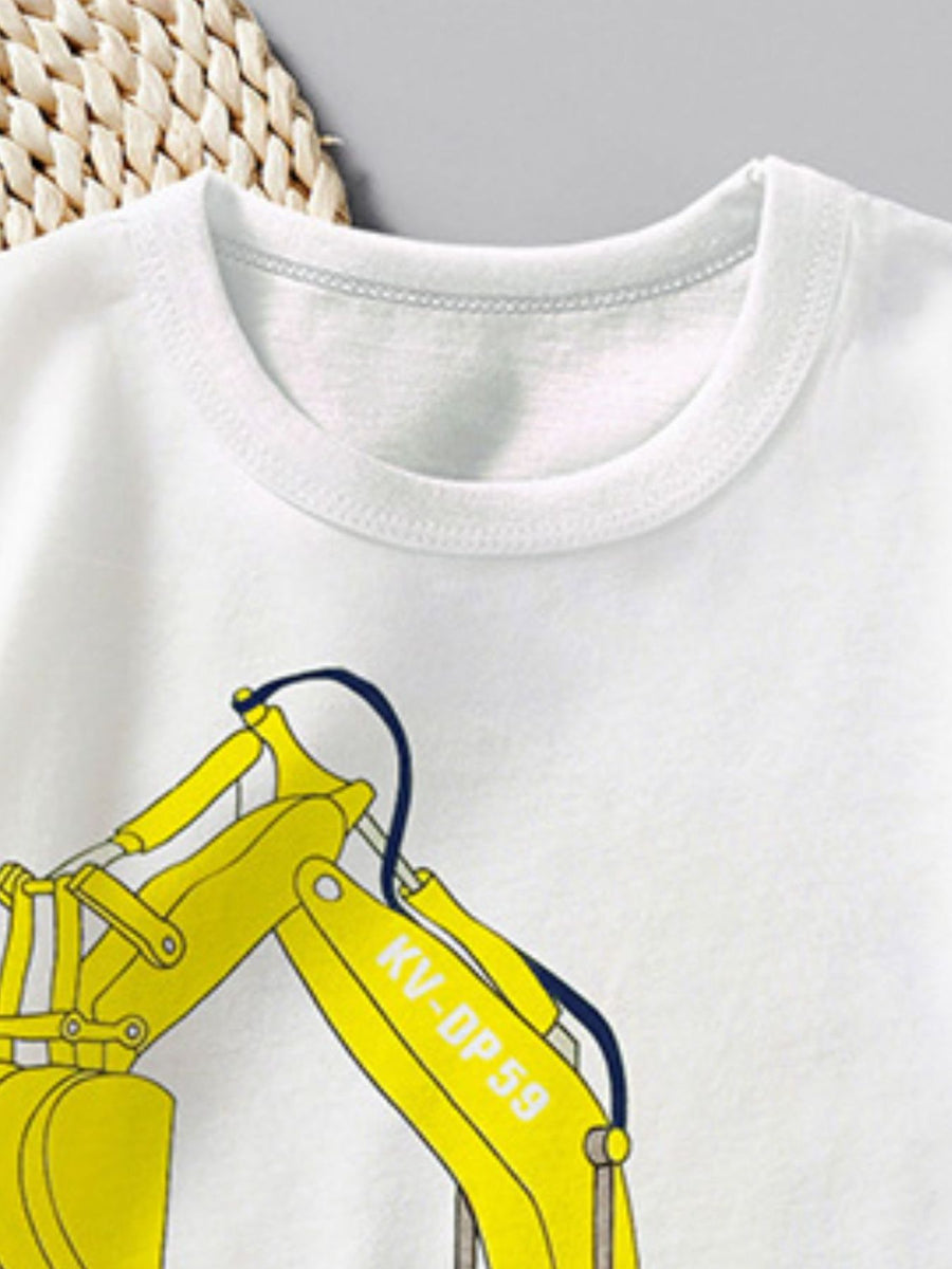 White cotton crew neck t-shirt with yellow excavator graphic and KV-DP59 detail.