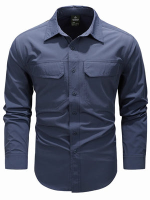 French blue cotton overshirt with buttoned flap pockets and collar