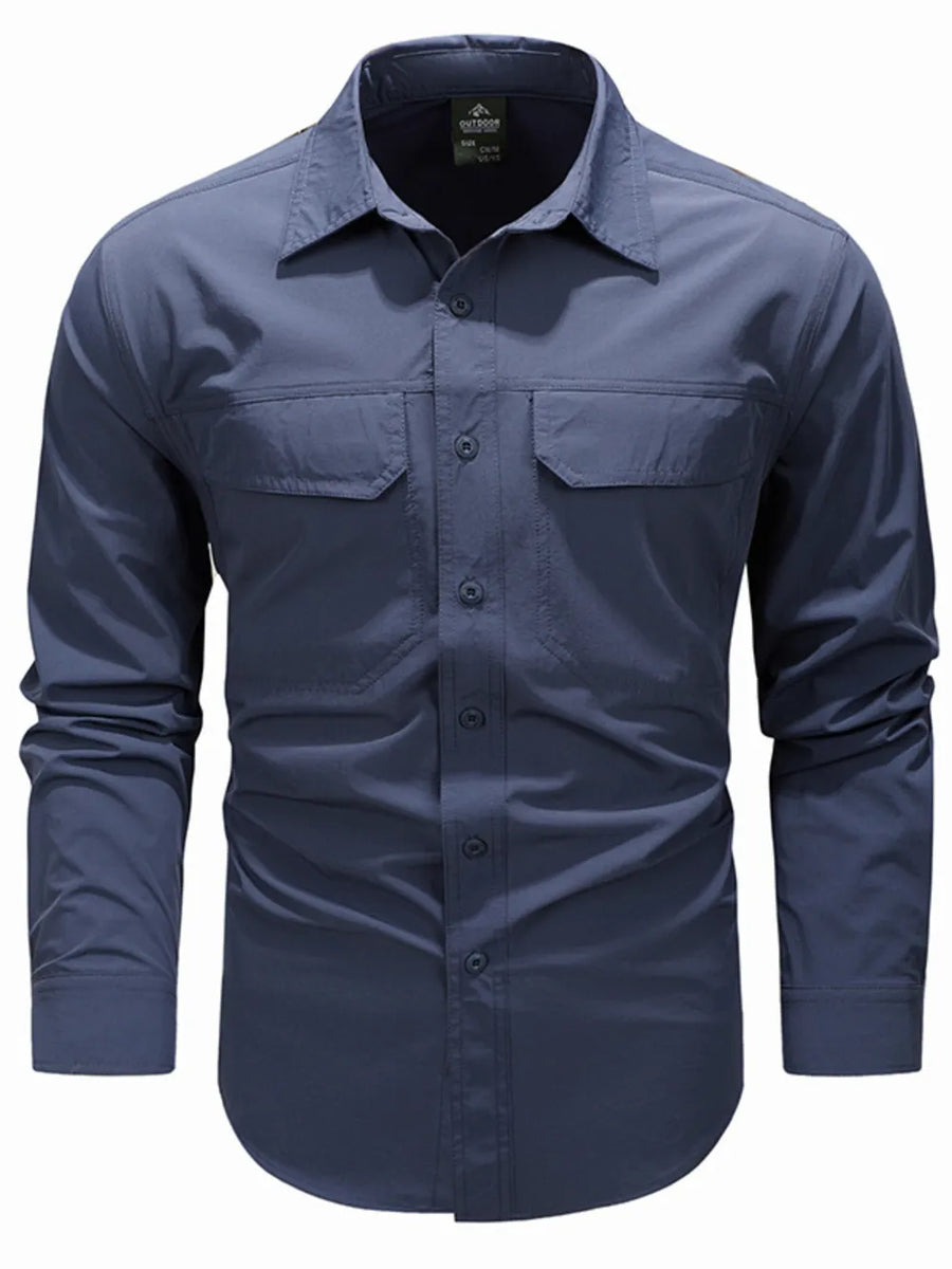 French blue cotton overshirt with buttoned flap pockets and collar