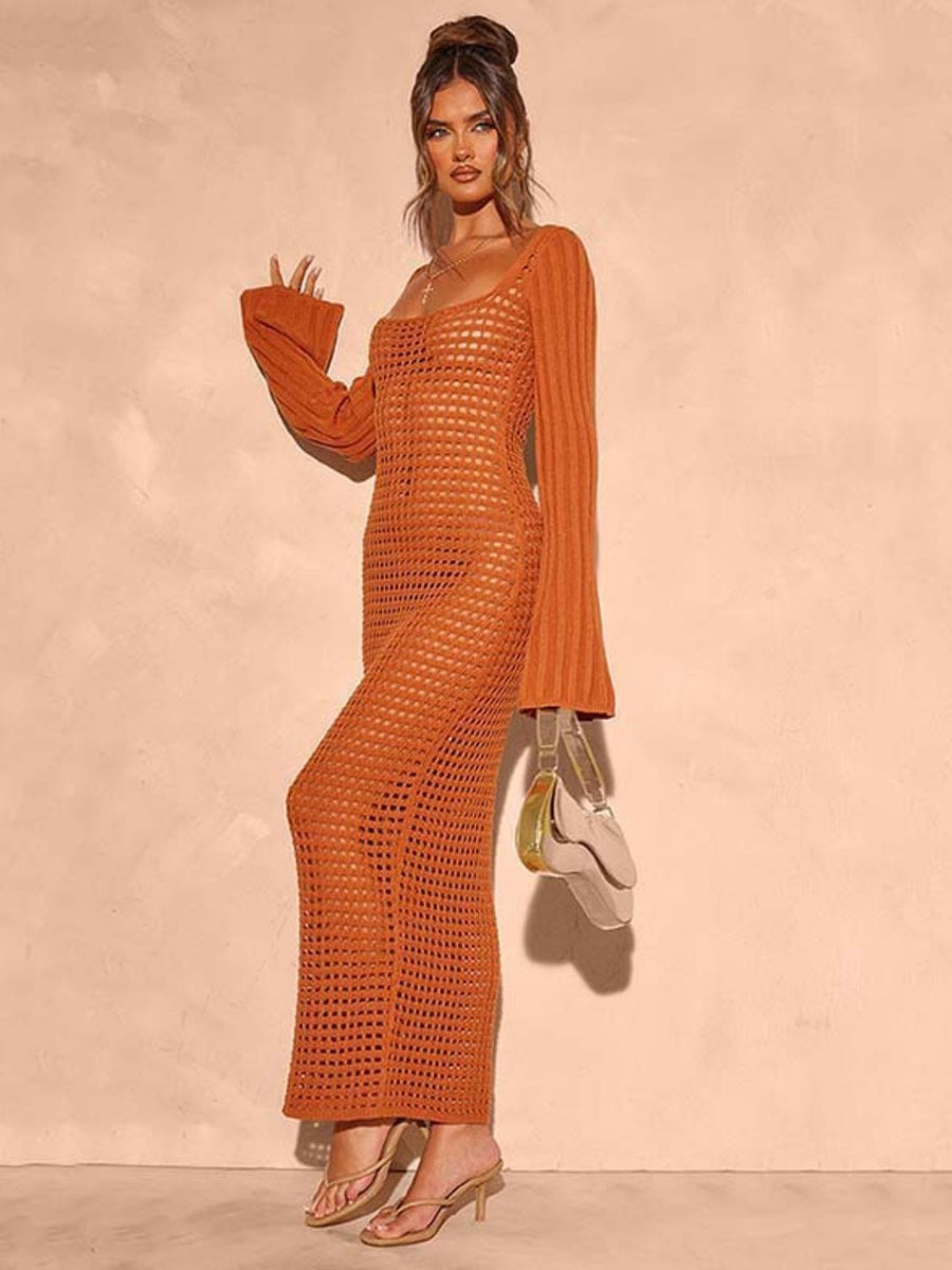 Terracotta open knit maxi dress with bell sleeves and square neckline.