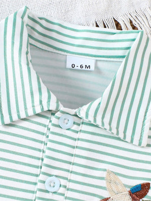 Striped green and white cotton polo shirt for baby with embroidered duck detail and light blue buttons.