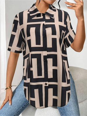 beige button-down shirt featuring buttoned and geometric