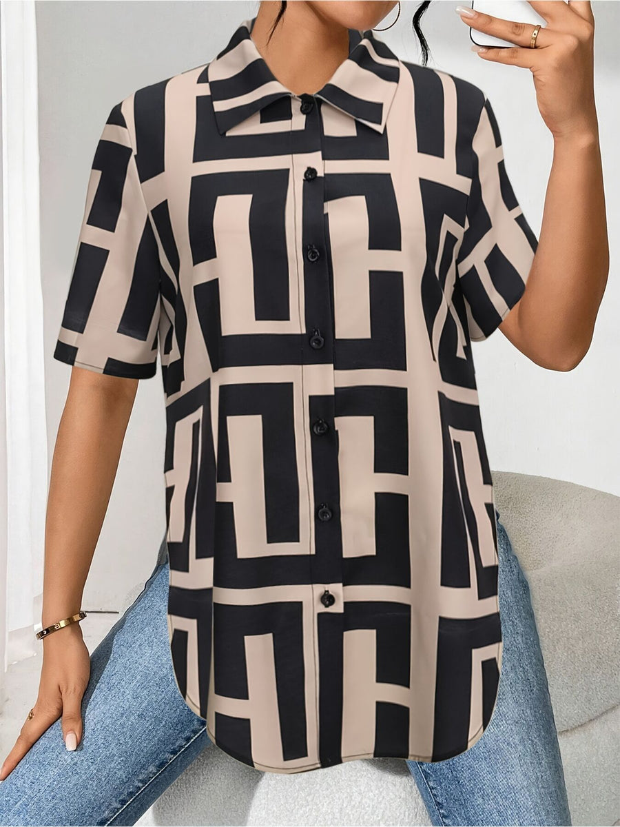 beige button-down shirt featuring buttoned and geometric