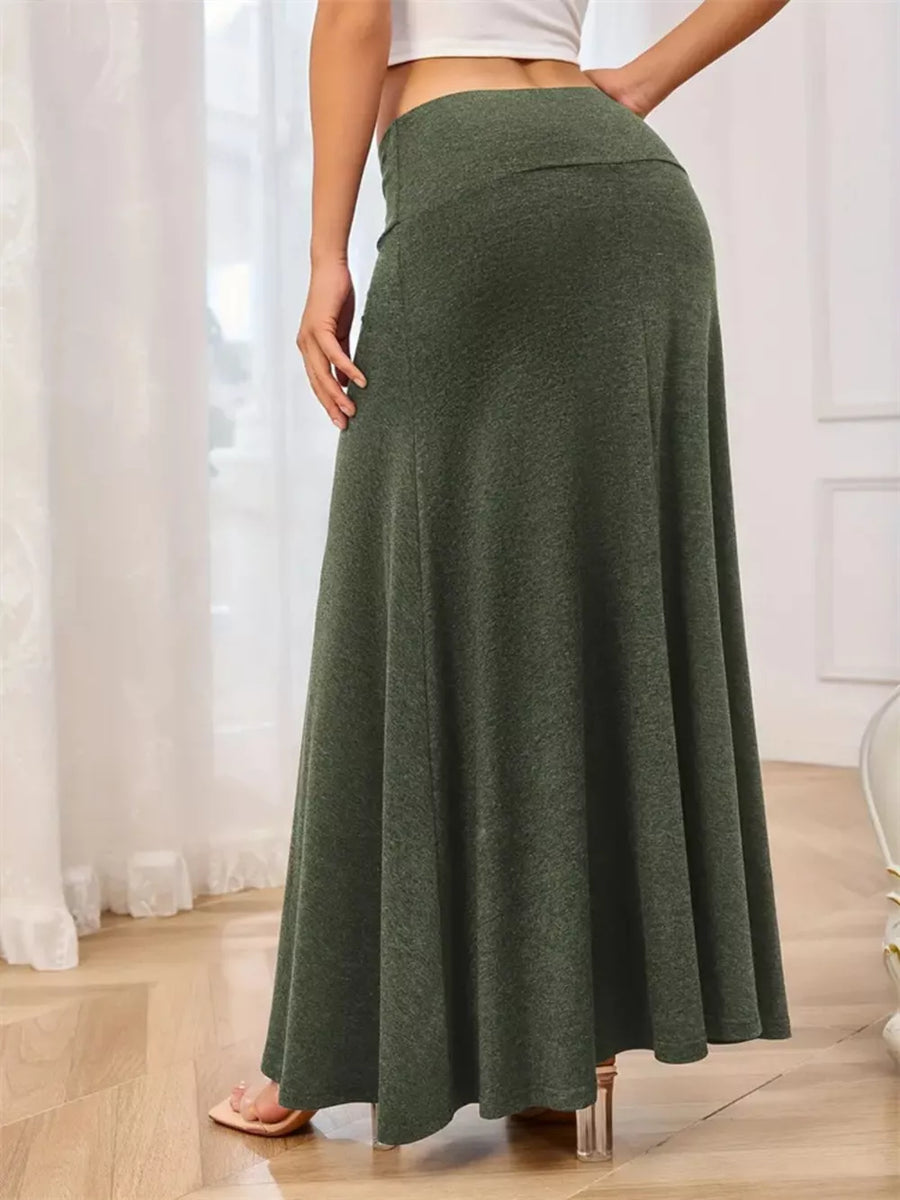 Flowy Maxi Skirt With Wide Waistband in Army Green