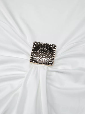 White ruched maxi dress with square metallic detail