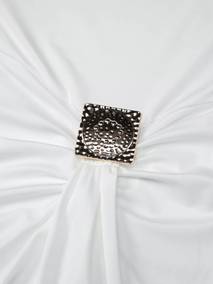White ruched maxi dress with square metallic detail