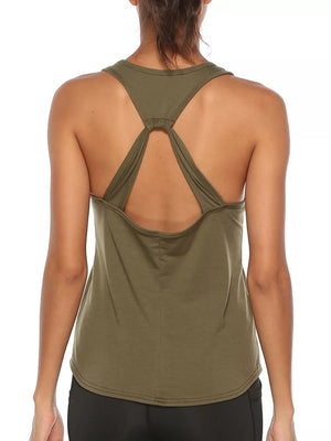 Olive green tank top with a knotted racerback detail and a relaxed fit.