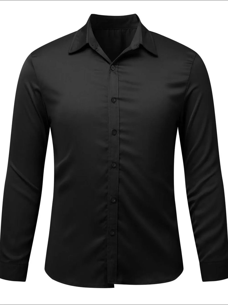 Black satin finish button-down shirt with a classic collar and long sleeves.