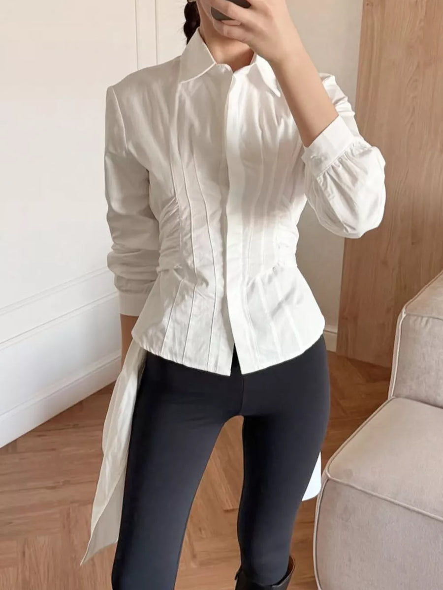 white button-up shirt with hip-length and button-front
