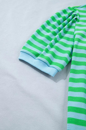 Striped waffle knit top with puff sleeves and light blue cuffs